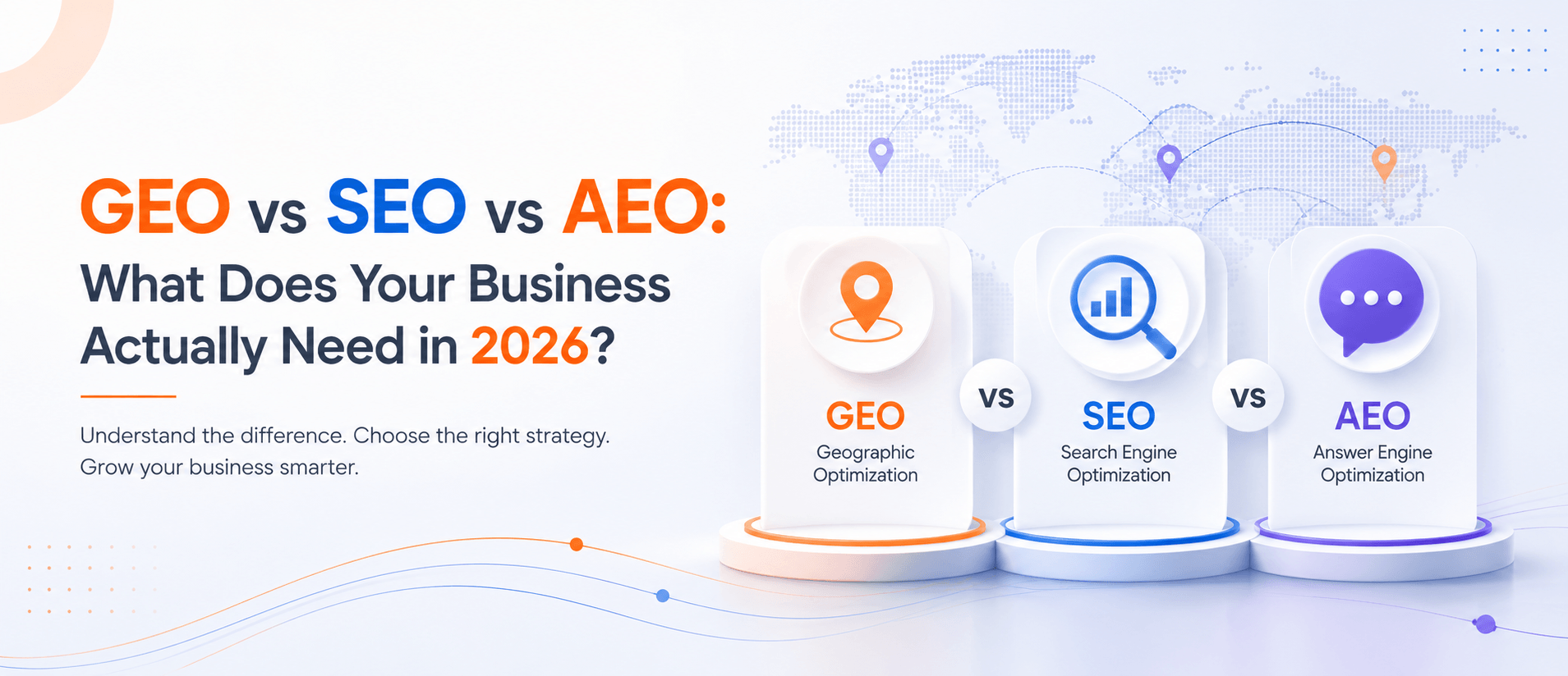 GEO vs SEO vs AEO in 2026 showing geographic, search engine, and answer engine optimization strategies for businesses